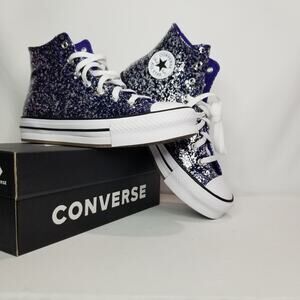Converse Women's CTAS Glitter Hi Tops Size 7 Indigo Silver White  A10043C NWT
